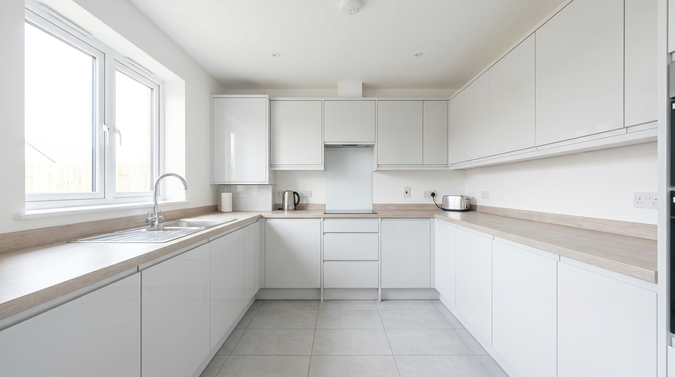 Modern fitted kitchen — inspector photo: white gloss units, laminate worktop and stainless steel sink, surfaces clean and in good condition